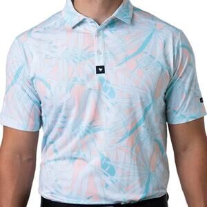 Bad Birdie Men's Day Pass Polo Shirt White Tropical Print Size Small Golf UPF 50